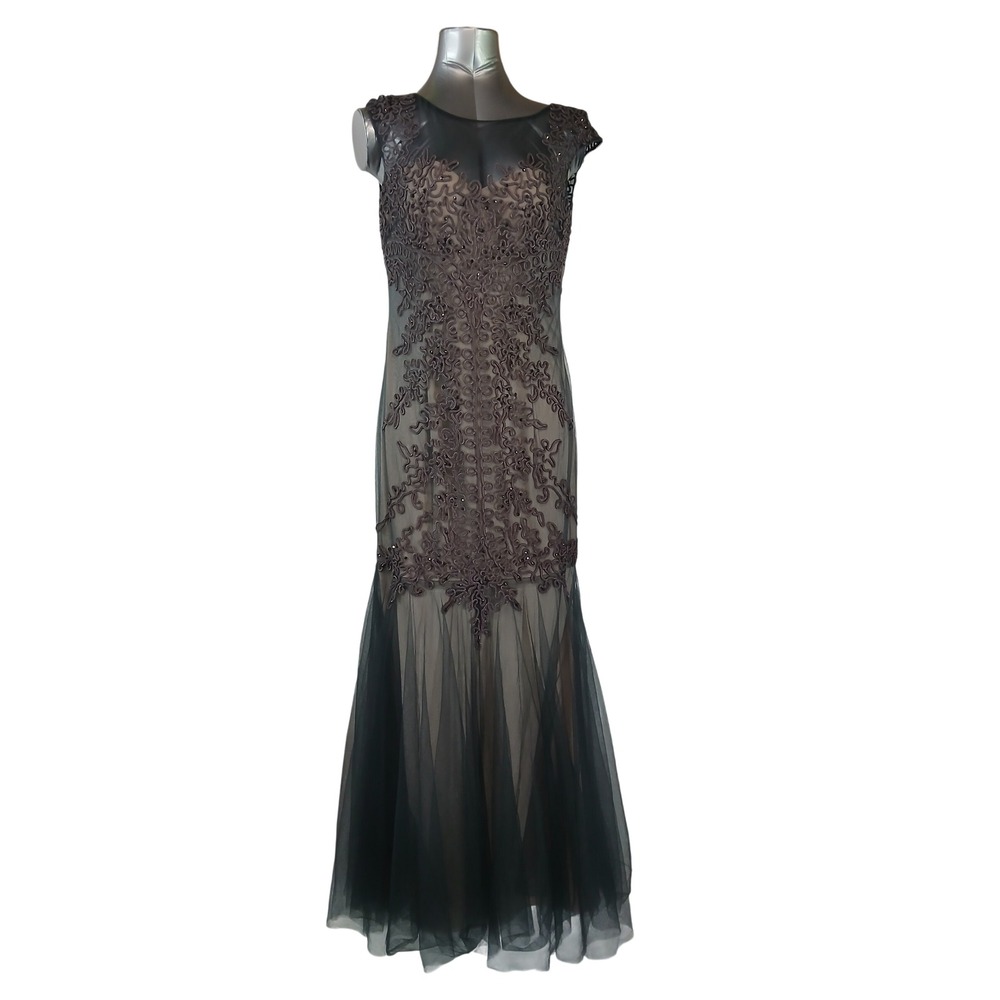 CACHET Black Embroidered Lace Illusion Mermaid Tulle Gown Dress Sz 12 Beaded
